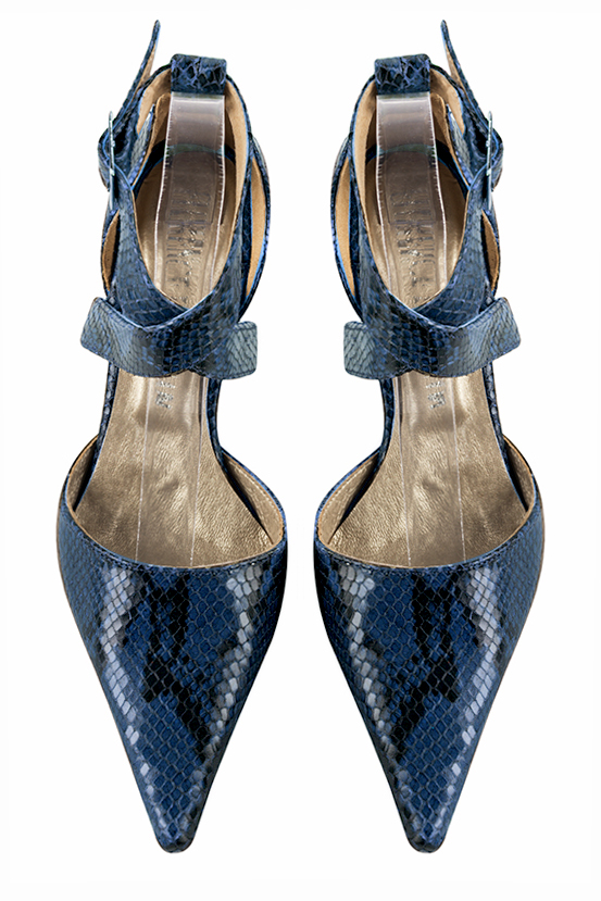 Navy blue women's open side shoes, with crossed straps. Pointed toe. High slim heel. Top view - Florence KOOIJMAN